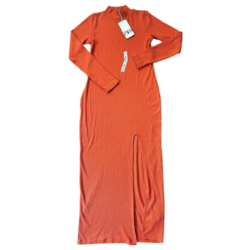 NWT Zara Ribbed Knit Mock Neck High Leg Slit Orange Maxi Dress Medium